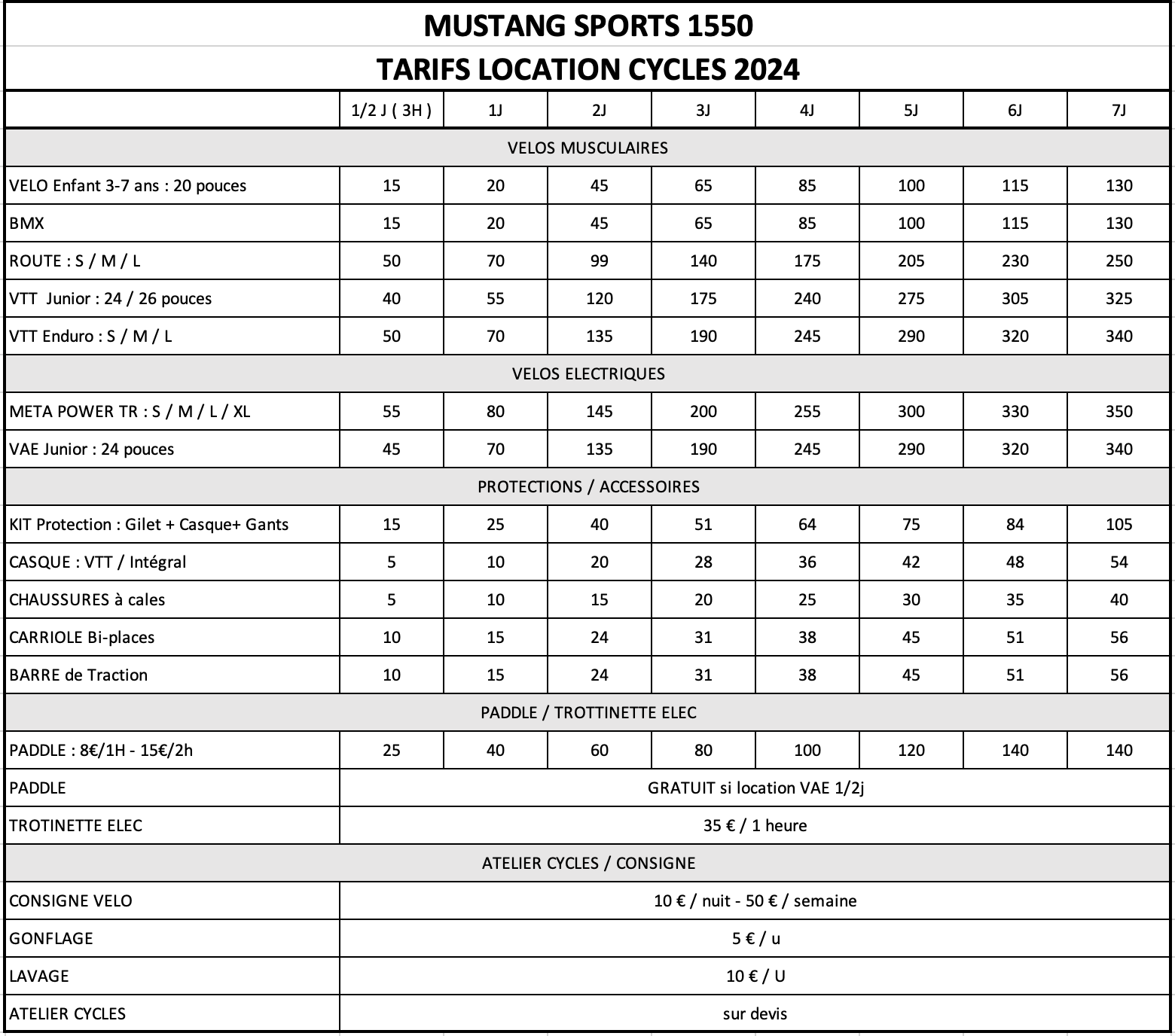 GRILLE TARIFS MUSTANG ETE 2024